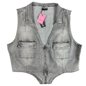 NWT Prettylittlething Women's Faded Gray Zip Denim Vest
